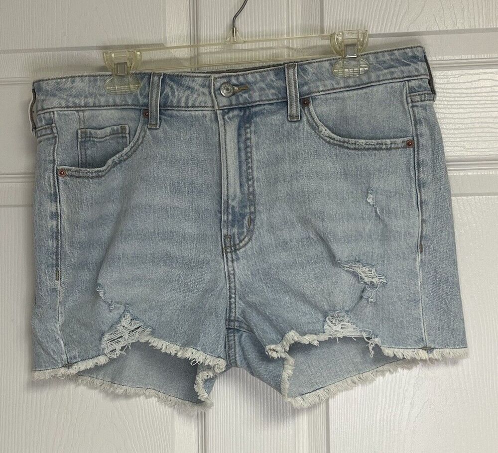 Old Navy Jean Shorts Womens OG Straight High Rise 14 Denim Distressed Light Wash
